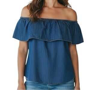 NWT WHBM Blue Denim Sleeveless Off-Shoulder Ruffle Detail Top Size Small